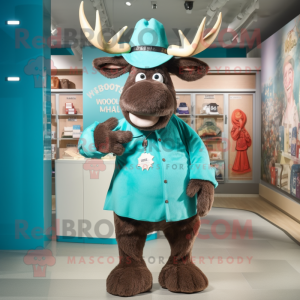 Turquoise Moose mascot costume character dressed with a Trousers and Hat pins