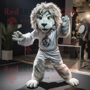 Silver Tamer Lion mascot costume character dressed with a Joggers and Ties