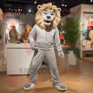 Silver Tamer Lion mascot costume character dressed with a Joggers and Ties
