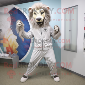 Silver Tamer Lion mascot costume character dressed with a Joggers and Ties