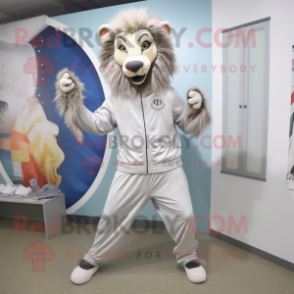 Silver Tamer Lion mascot costume character dressed with a Joggers and Ties