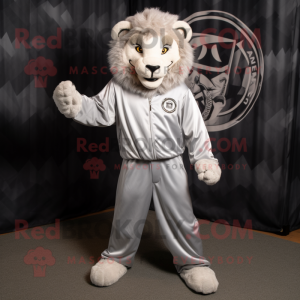 Silver Tamer Lion mascot costume character dressed with a Joggers and Ties