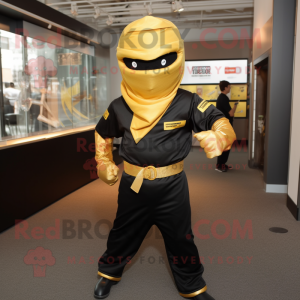 Gold Ninja mascot costume character dressed with a Poplin Shirt and Tie pins