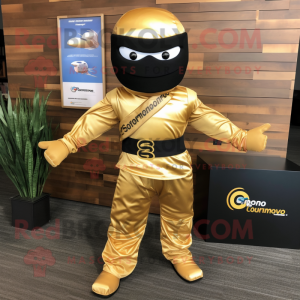 Gold Ninja mascot costume character dressed with a Poplin Shirt and Tie pins