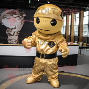 Gold Ninja mascot costume character dressed with a Poplin Shirt and Tie pins
