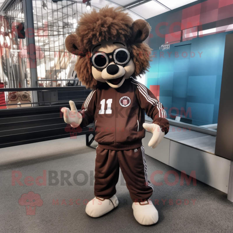 Brown Clown mascot costume character dressed with a Joggers and Sunglasses