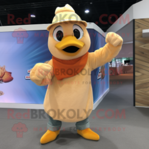 Tan Butter Chicken mascot costume character dressed with a Flare Jeans and Gloves