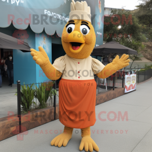 Tan Butter Chicken mascot costume character dressed with a Flare Jeans and Gloves