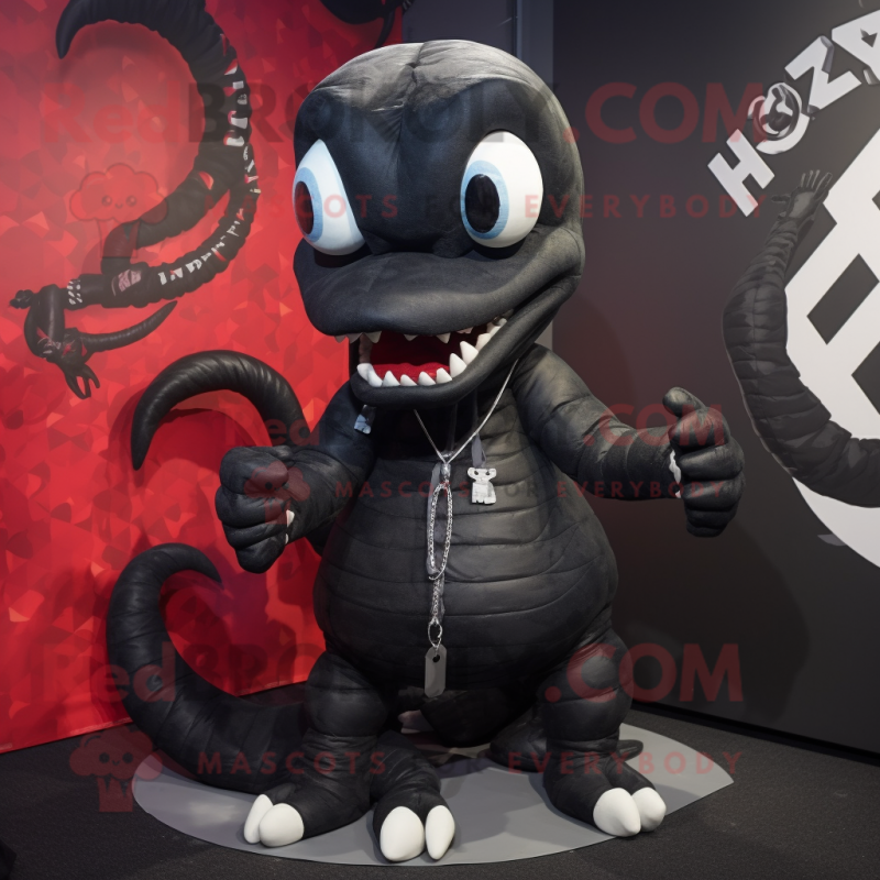 Black Hydra mascot costume character dressed with a Jacket and Shoe laces