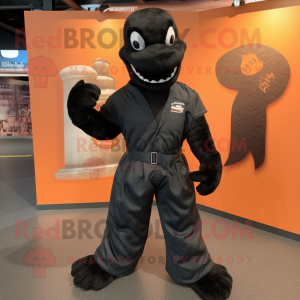 Black Hydra mascot costume character dressed with a Jacket and Shoe laces