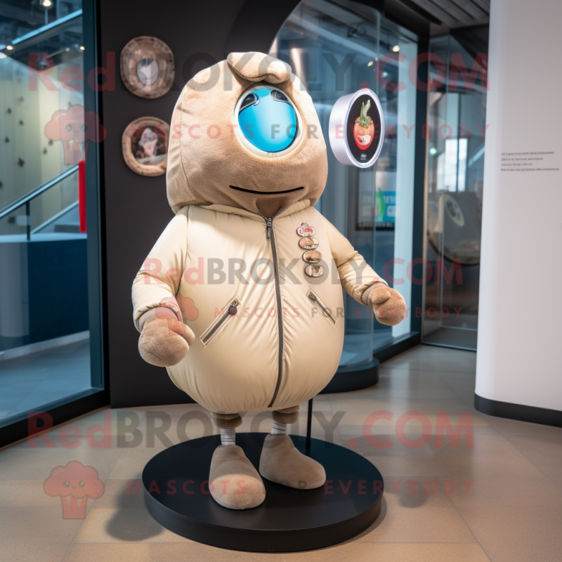 Beige Shakshuka mascot costume character dressed with a Bomber Jacket and Ties Beige Shakshuka mascot costume character dressed with a Bomber Jacket and Ties