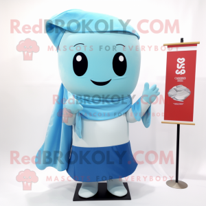 Sky Blue Miso Soup mascot costume character dressed with a Playsuit and Shawl pins