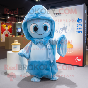 Sky Blue Miso Soup mascot costume character dressed with a Playsuit and Shawl pins