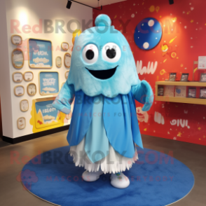 Sky Blue Miso Soup mascot costume character dressed with a Playsuit and Shawl pins