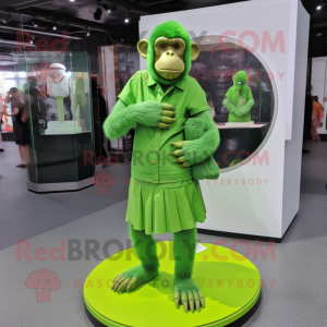 Lime Green Chimpanzee mascot costume character dressed with a Pleated Skirt and Bracelet watches