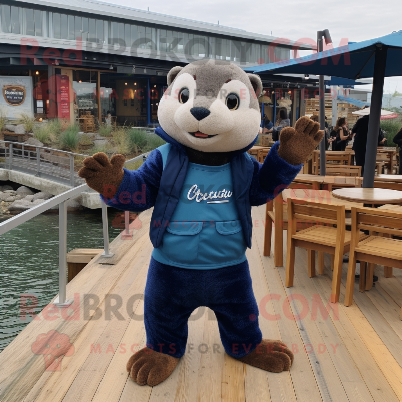 Navy Otter mascot costume character dressed with a Sweatshirt and Clutch bags