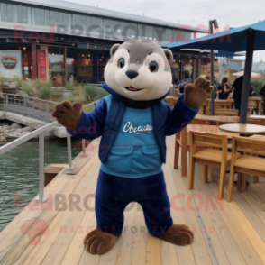 Navy Otter mascot costume character dressed with a Sweatshirt and Clutch bags