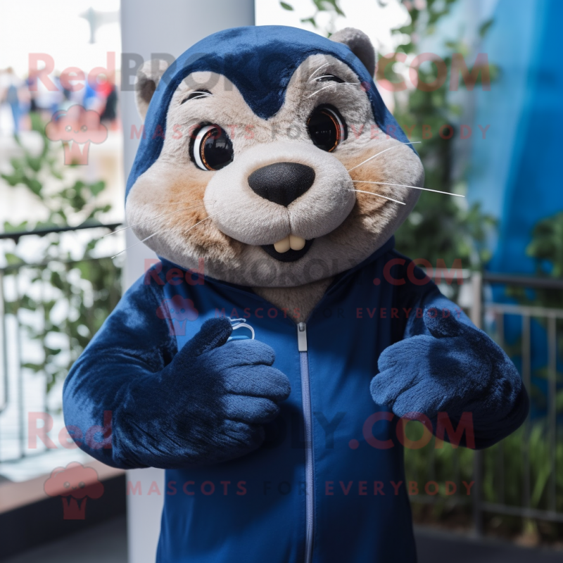 Navy Otter mascot costume character dressed with a Sweatshirt and Clutch bags