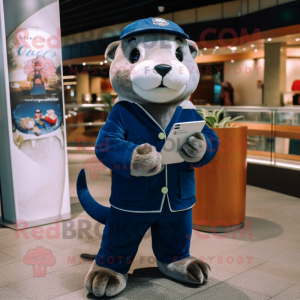 Navy Otter mascot costume character dressed with a Sweatshirt and Clutch bags