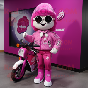 Magenta Ice Cream mascot costume character dressed with a Moto Jacket and Clutch bags