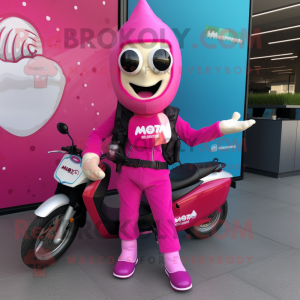 Magenta Ice Cream mascot costume character dressed with a Moto Jacket and Clutch bags