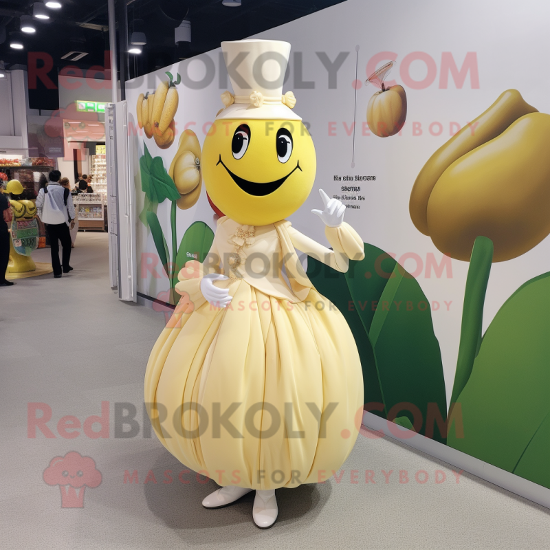 Cream Banana mascot costume character dressed with a Ball Gown and Cufflinks