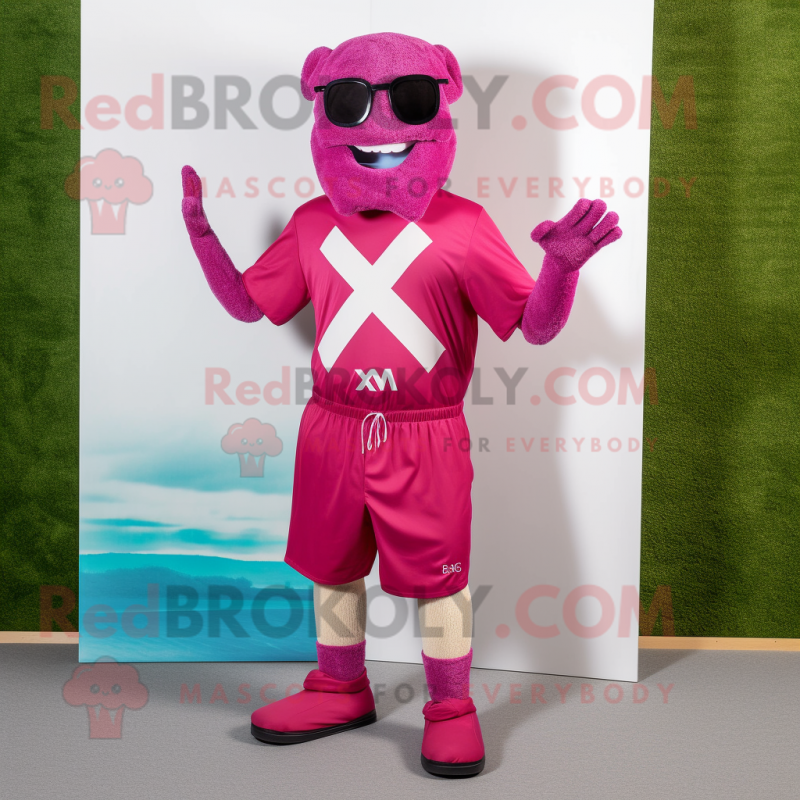 Magenta Celtic Cross mascot costume character dressed with a Board Shorts and Cufflinks