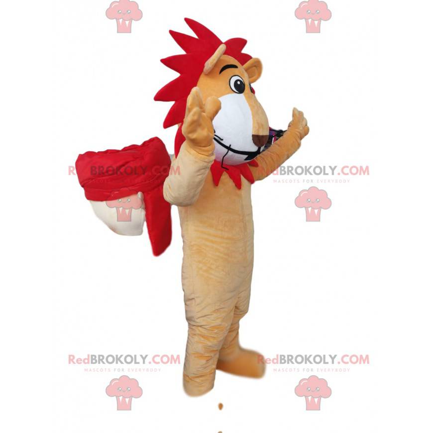 Mascote leão divertido com crina vermelha - Redbrokoly.com