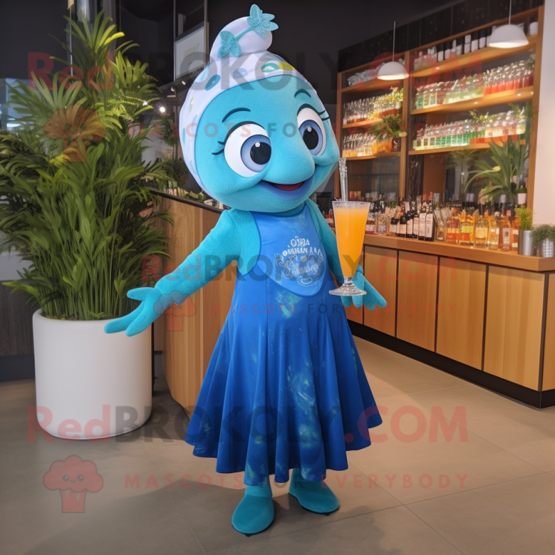 Blue Salmon mascot costume character dressed with a Cocktail Dress and Headbands