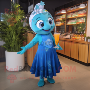 Blue Salmon mascot costume character dressed with a Cocktail Dress and Headbands