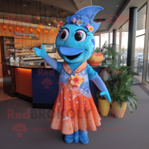Blue Salmon mascot costume character dressed with a Cocktail Dress and Headbands