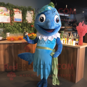 Blue Salmon mascot costume character dressed with a Cocktail Dress and Headbands