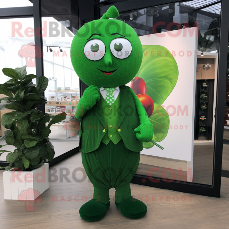 Forest Green Plum mascot costume character dressed with a Waistcoat and Rings