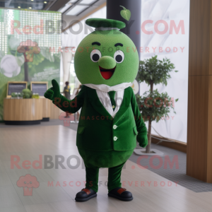 Forest Green Plum mascot costume character dressed with a Waistcoat and Rings