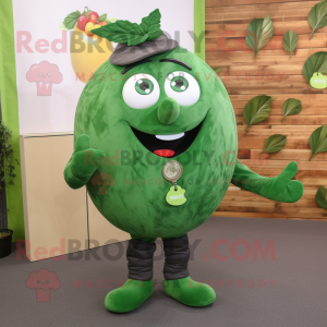 Forest Green Plum mascot costume character dressed with a Waistcoat and Rings