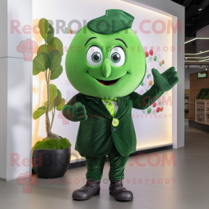 Forest Green Plum mascot costume character dressed with a Waistcoat and Rings