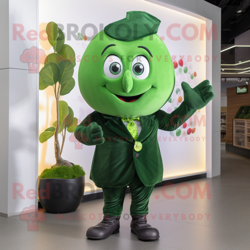 Forest Green Plum mascot costume character dressed with a Waistcoat and Rings Forest Green Plum mascot costume character dressed with a Waistcoat and Rings