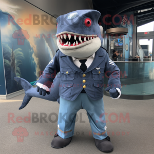 Navy Megalodon mascot costume character dressed with a Suit Pants and Wraps