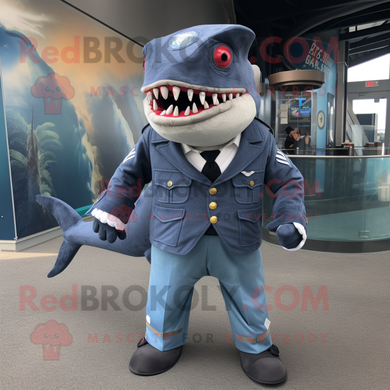 Navy Megalodon mascot costume character dressed with a Suit Pants and Wraps Navy Megalodon mascot costume character dressed with a Suit Pants and Wraps