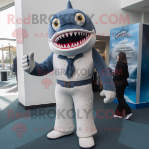 Navy Megalodon mascot costume character dressed with a Suit Pants and Wraps