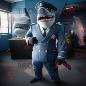 Navy Megalodon mascot costume character dressed with a Suit Pants and Wraps