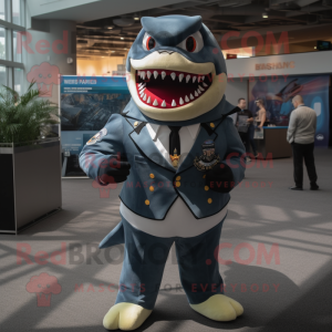 Navy Megalodon mascot costume character dressed with a Suit Pants and Wraps