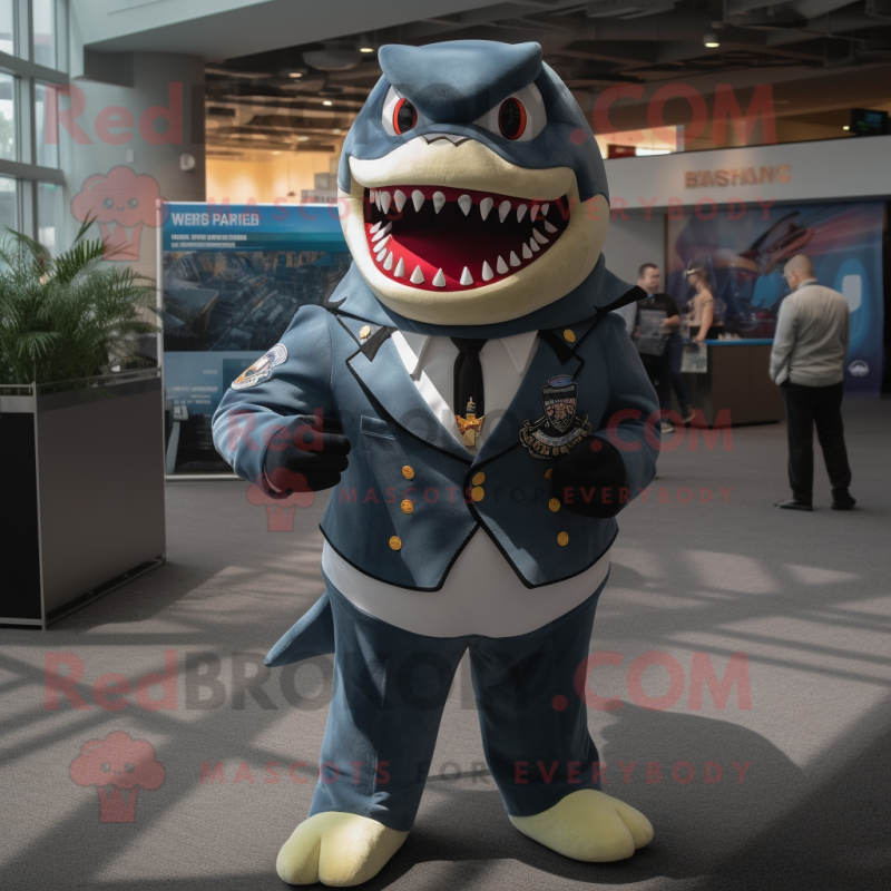 Navy Megalodon mascot costume character dressed with a Suit Pants and Wraps Navy Megalodon mascot costume character dressed with a Suit Pants and Wraps