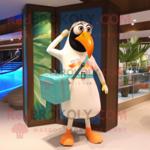 Cream Toucan mascot costume character dressed with a One-Piece Swimsuit and Clutch bags
