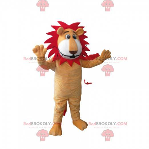 Mascotte de lion amusant avec une crinière rouge -