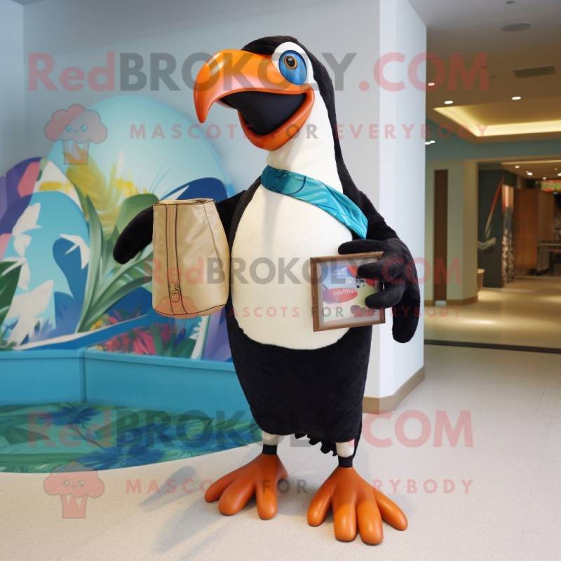 Cream Toucan mascot costume character dressed with a One-Piece Swimsuit and Clutch bags