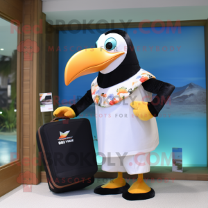 Cream Toucan mascot costume character dressed with a One-Piece Swimsuit and Clutch bags