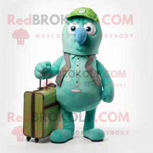 Cyan Kiwi mascot costume character dressed with a Dungarees and Briefcases