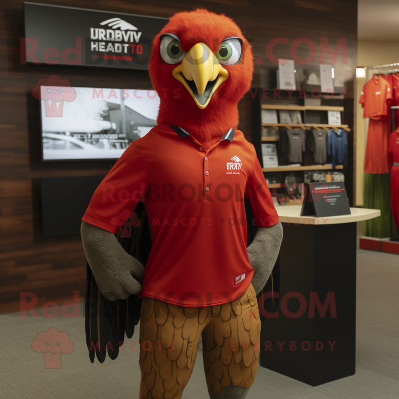 Red Hawk mascot costume character dressed with a Sweatshirt and Cufflinks