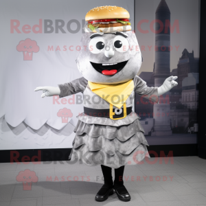 Silver Hamburger mascot costume character dressed with a A-Line Dress and Suspenders